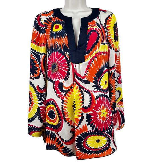 Trina Turk Tunic Blouse Top Silk Floral Bright Blue Orange Yellow Pink Med Boho - Picture 1 of 9
